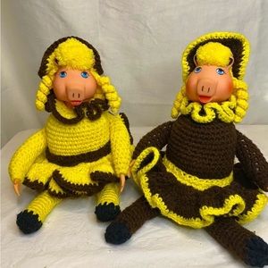 Hand Crochet Miss Piggy Dolls Hard Face And Hand And Yellow Hair READ - Vintage